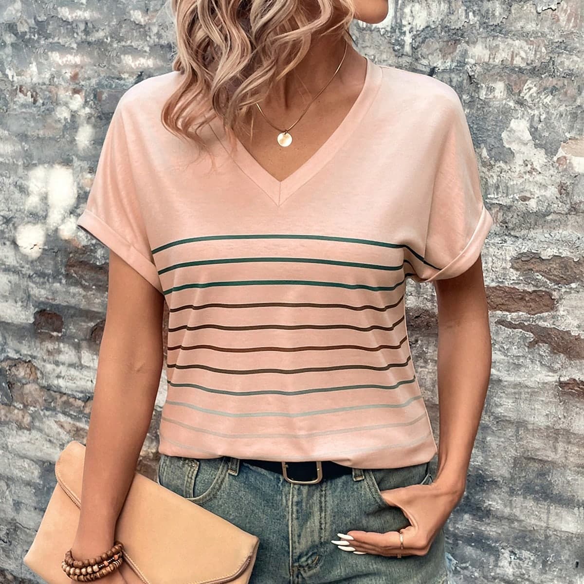 T-shirt D'Ã©tÃ© DÃ©contractÃ© RayÃ© Ã€ Manches Ã‰paules Tombantes Et Col En V Pour Femmes En Vacances Relaxantes