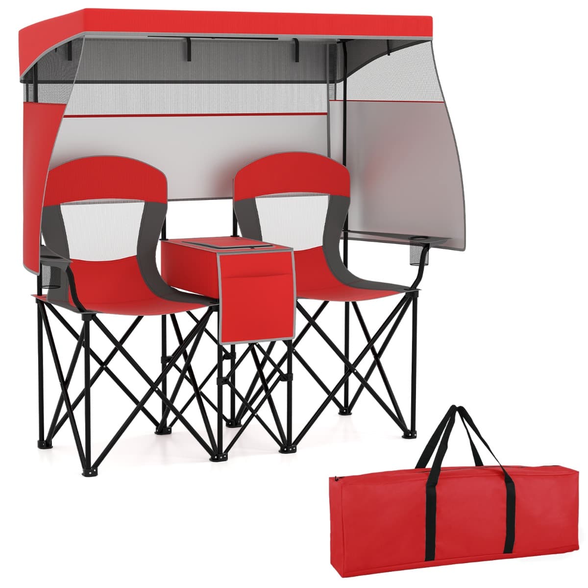 CostwayDouble Chaise de Plage avec Baldaquin Réglable Rideaux d'Ombrage 3 Côtés Sac Isotherme Porte-gobelets Sac de Transport Pliante Rouge