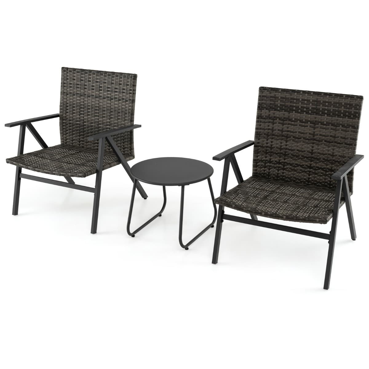 CostwayEnsemble de Bistro de Patio 3 Pièces Fauteuils de Loisirs en Cadre Métallique & Table D'appoint Ronde avec Siège et Dossier en Rotin Gris