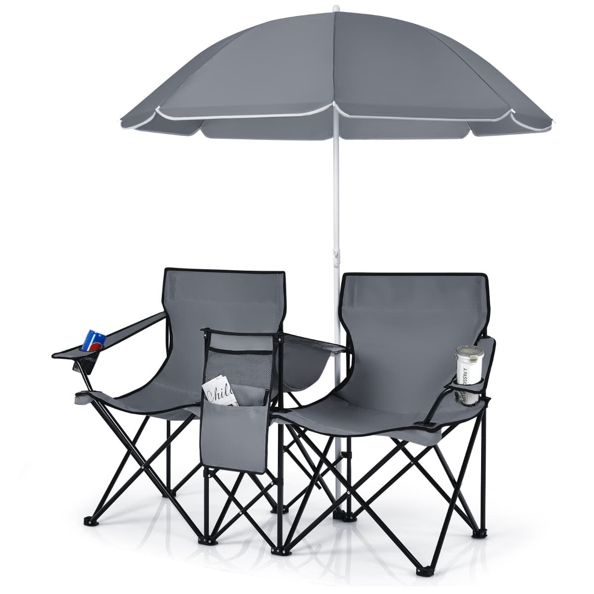 CostwayChaise de Camping Pliante 2 Places avec Poche Isotherme Porte-gobelet Parasol Accoudoirs Portable 113 KG pour Plage Pêche Gris