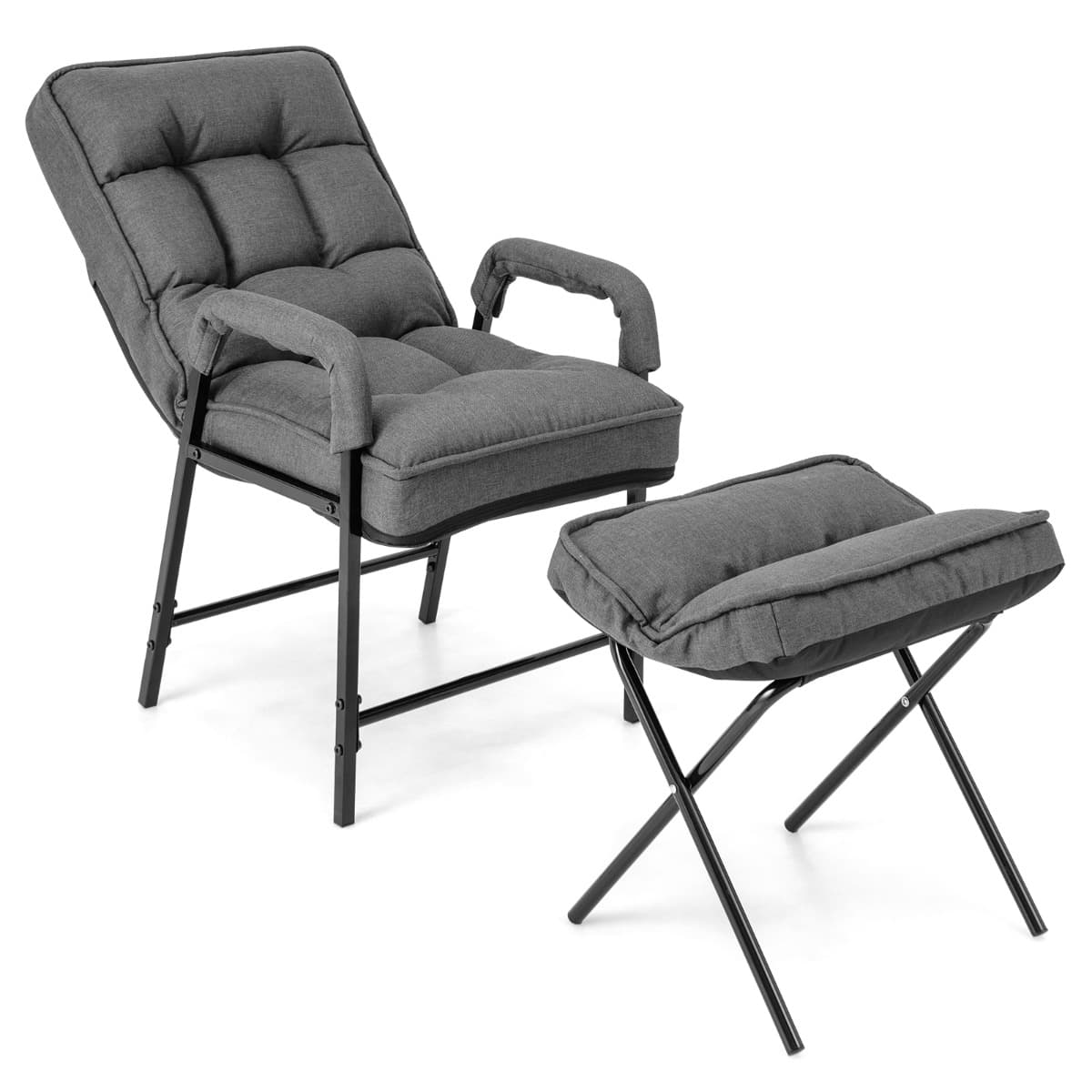 CostwayFauteuils de Salon avec Repose-pieds Chaise d'Appoint Moderne en Tissu de Lin avec Dossier Réglable 5 Niveaux Chaise de Relaxation pour