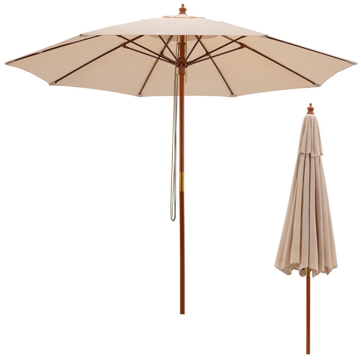CostwayParasol de Jardin Pliable 2,9M avec Mécanisme de Poulie à Corde Poteau en Bois 8 Baleines en Fibre de Verre pour Cour Beige