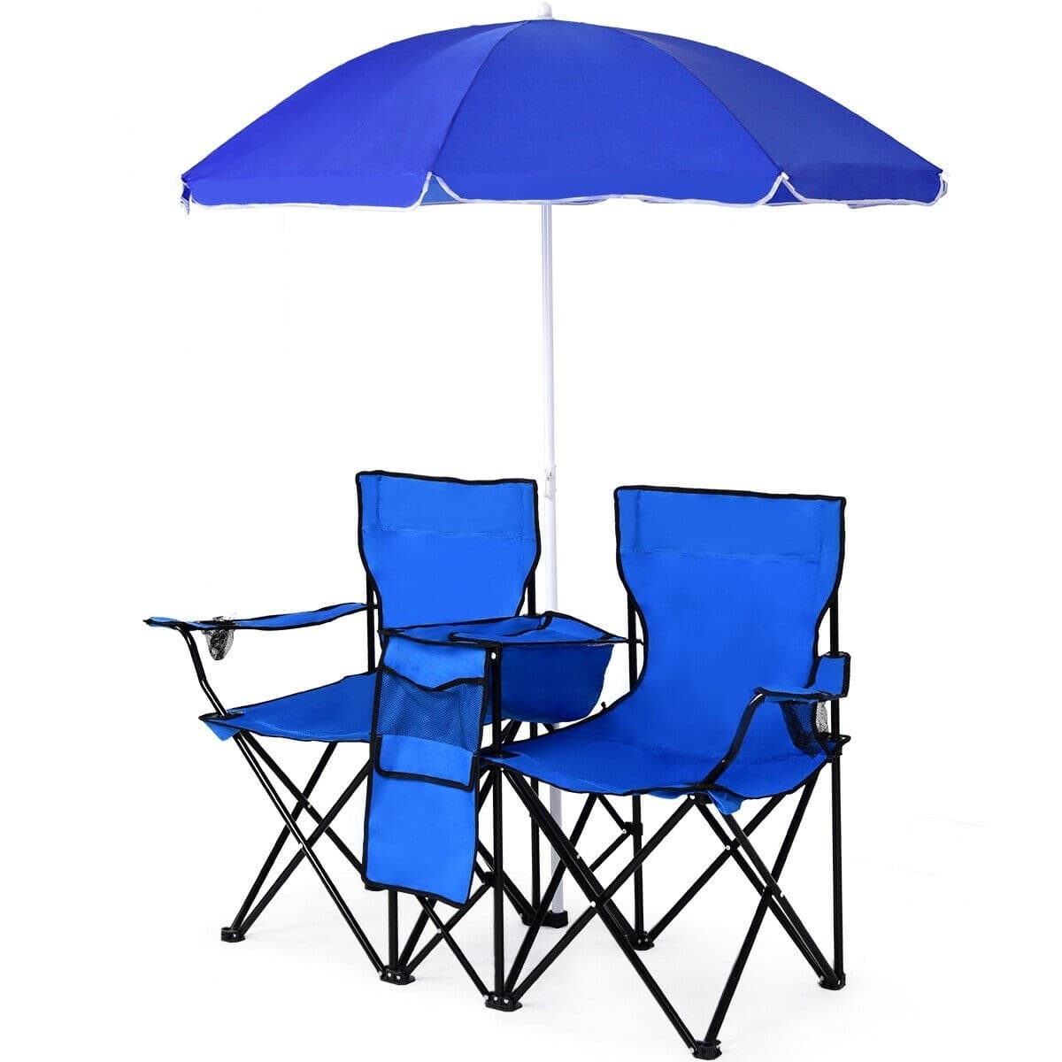 CostwayChaise de Camping Pliante 2 Places avec Poche Isotherme Porte-gobelet Parasol Accoudoirs Portable 113 KG