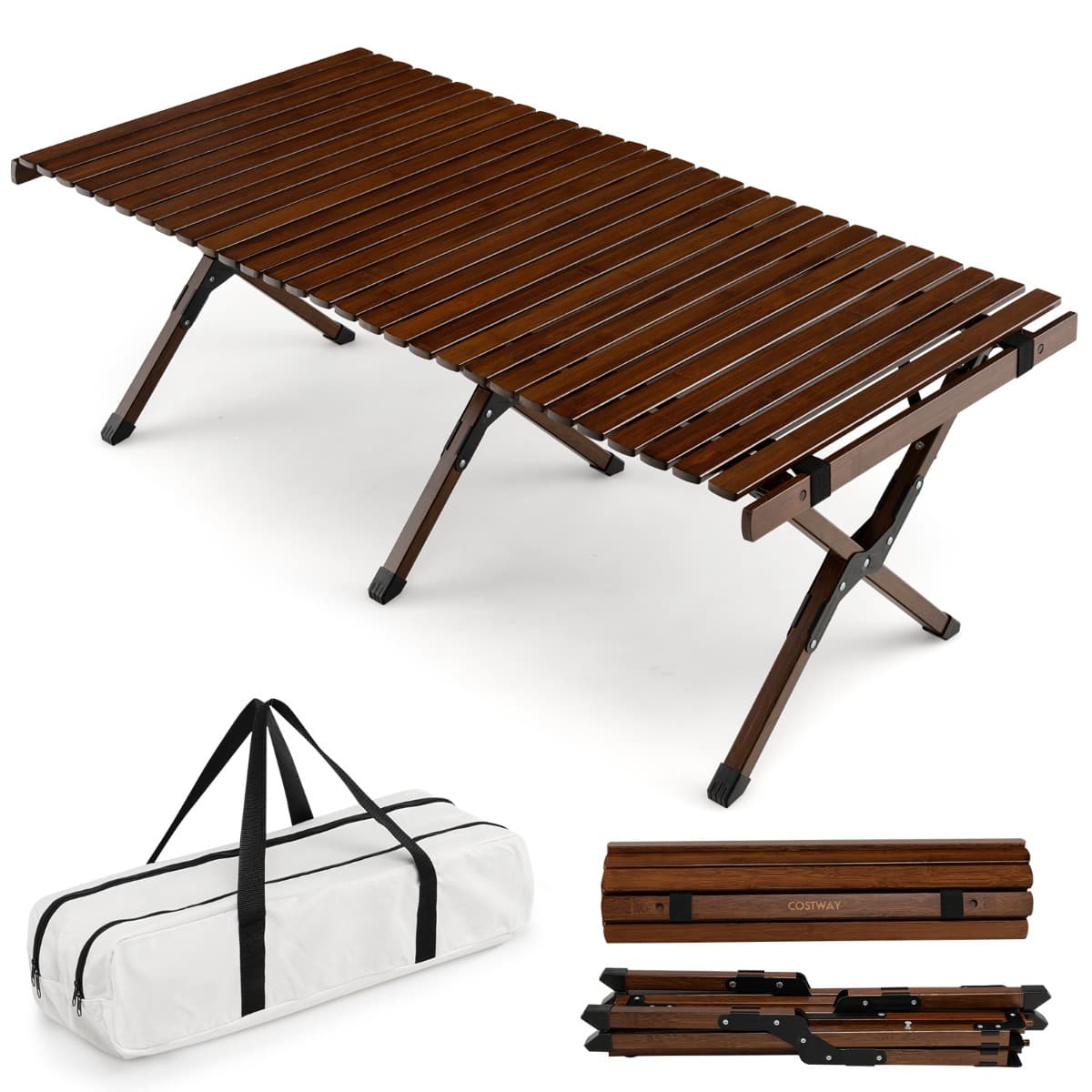 CostwayTable de Camping Pliante en Bambou à Latte Enroulable avec Sac de Transport Charge Max 50kg 122 x 60 x 43,5 cm Café