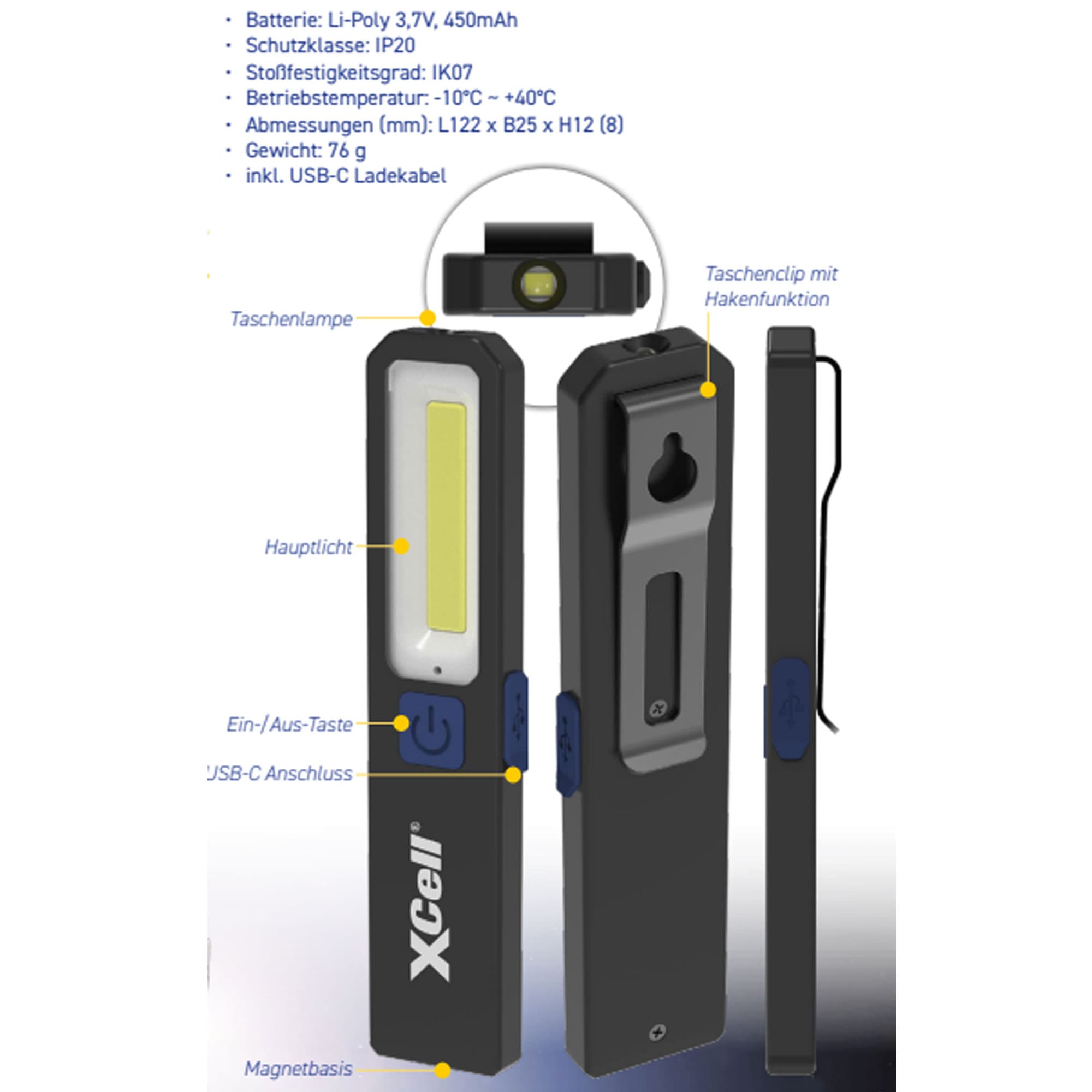 XCell Worklight SLIM, lampe de travail jusqu'à 200 lumens, aimant, 3 niveaux d'éclairage, port de chargement USB-C