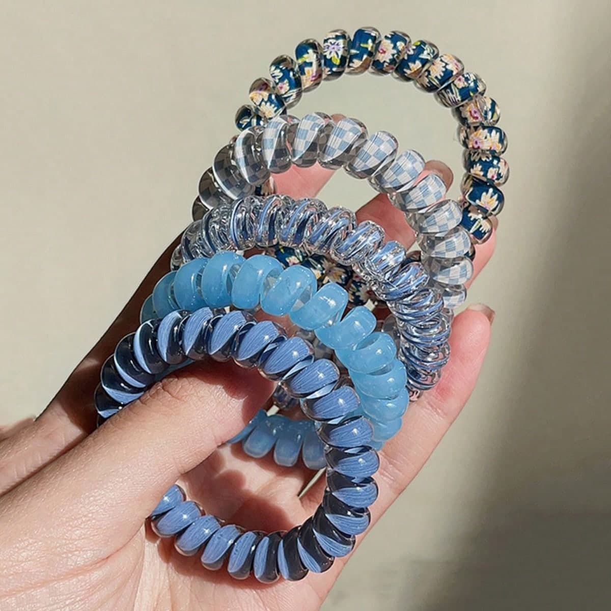 5 pièces Élastiques à cheveux en ligne téléphonique bleu-gris, pratiques, abordables et mignons, conviennent pour une utilisation quotidienne