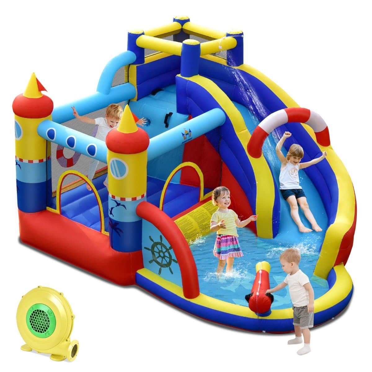 CostwayChâteau Gonflable avec Souffleur de 550w Parc Aquatique 6-en-1 avec Toboggan Pataugeoire et Canon à Eau