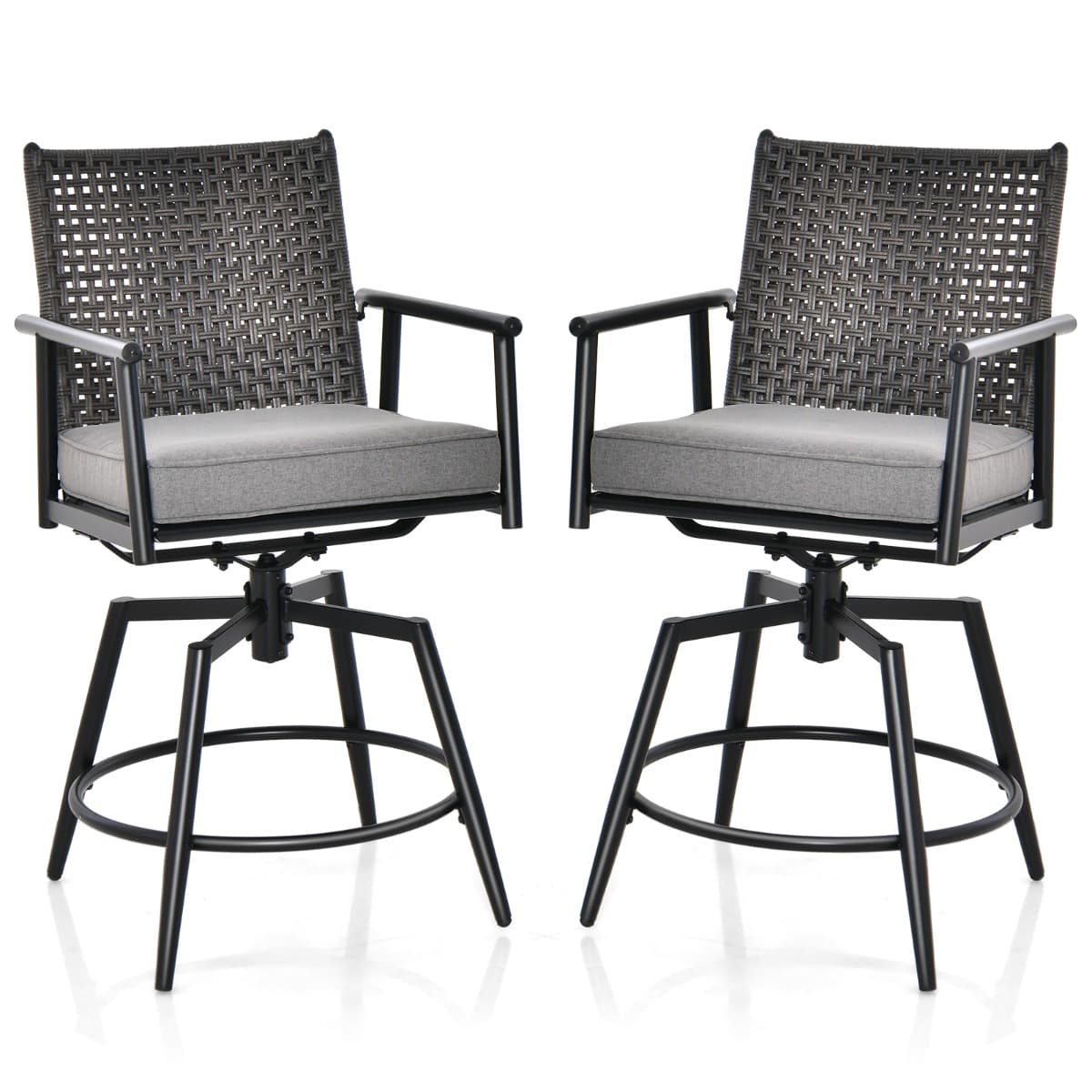 Lot de 2 Chaises Tabourets de Bar en Rotin PE de 2 Couches Rotatif à 360° Coussin Amovible Patin Ant