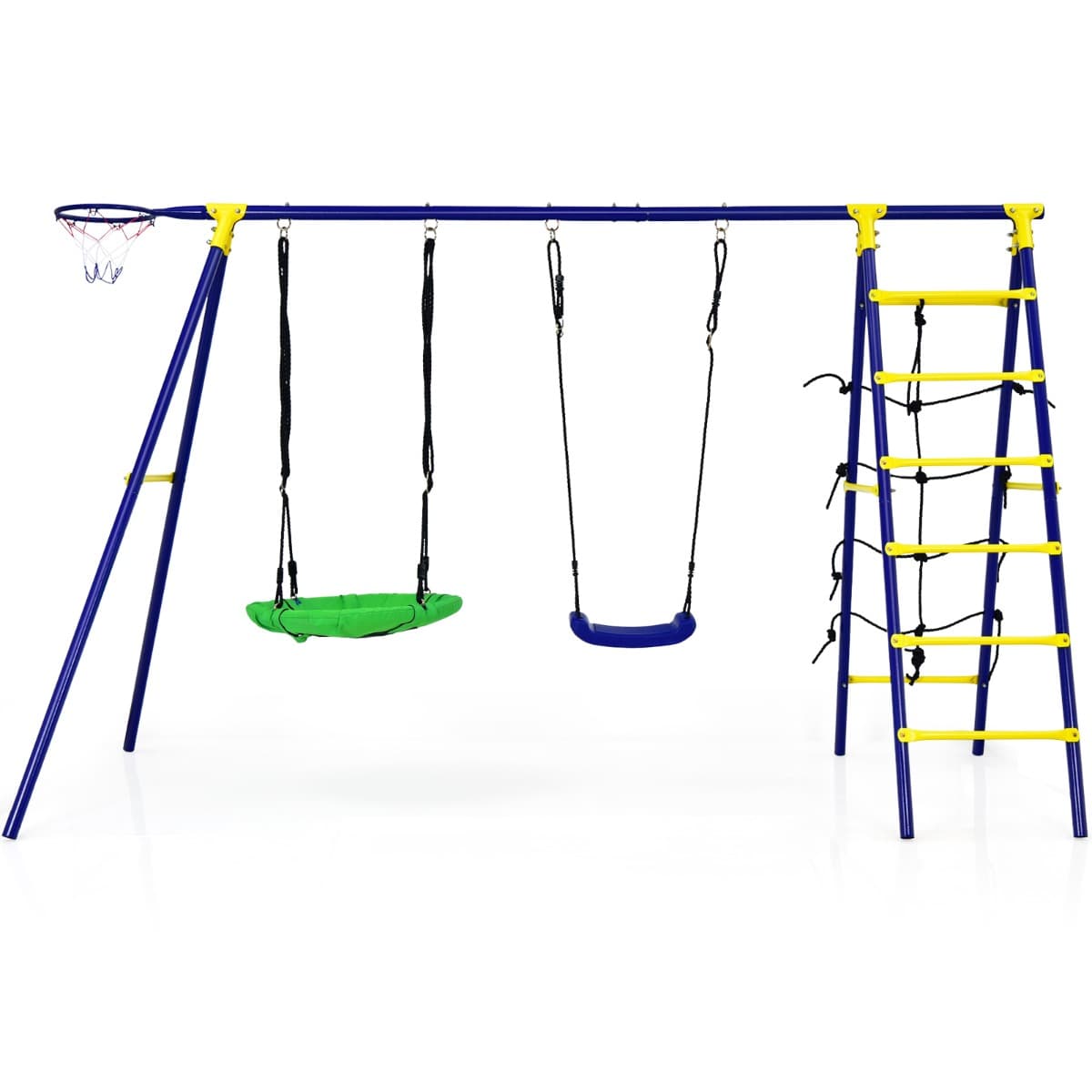 Costway5 en 1 Balançoire Enfants Extérieur avec Panier de Basket Balançoire Nid d'Oiseau Ø66 cm et en U Charge 75kg pour 3-12 Ans