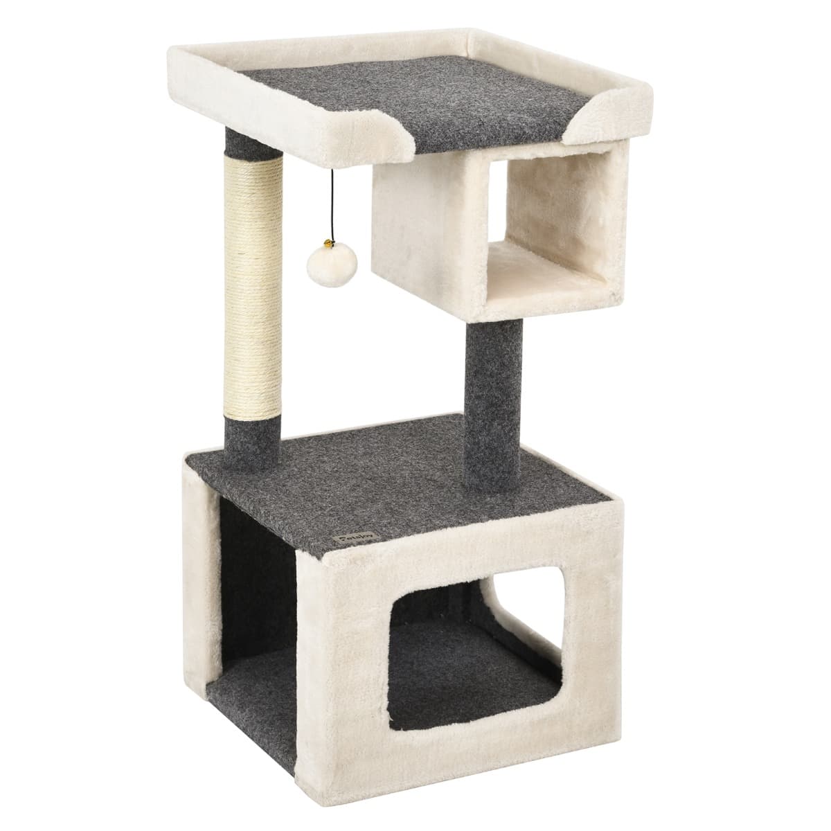 CostwayArbre à Chat avec Poteau en Sisal et Balle en Peluche 42x42x80cm pour Jeux et Repos des Chats Charge Max 15KG Blanc+Gris