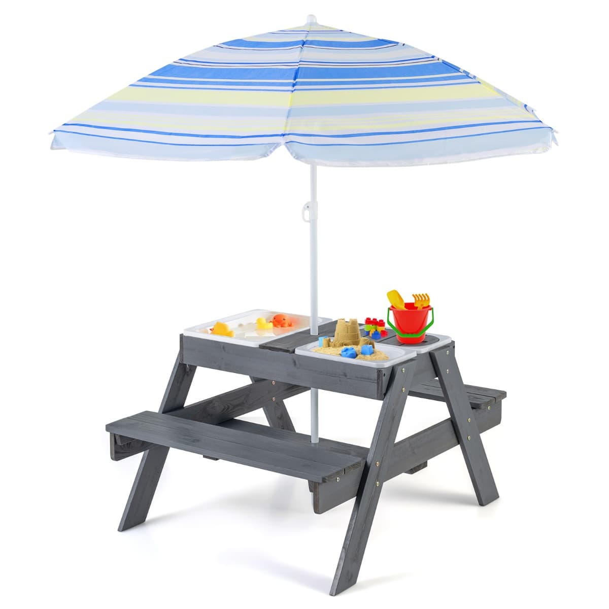 CostwayEnsemble de Table et Bancs de Pique-nique pour Enfants Table d'Activités 4 en 1 pour Sable et Eau avec 3 Bacs Couvercles Amovibles Gris
